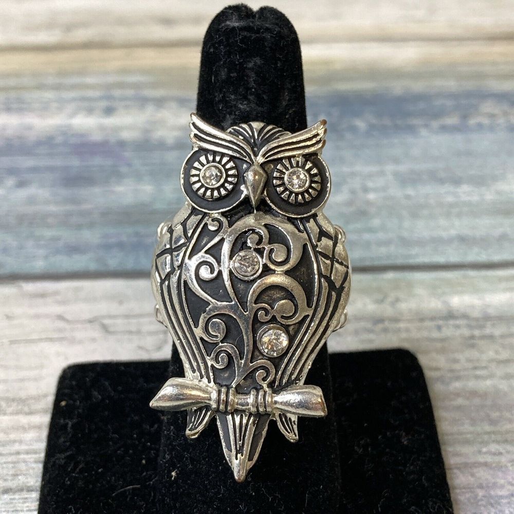 Ornate Owl‎ Stretch Ring Rhinestone Silver Tone NWOT